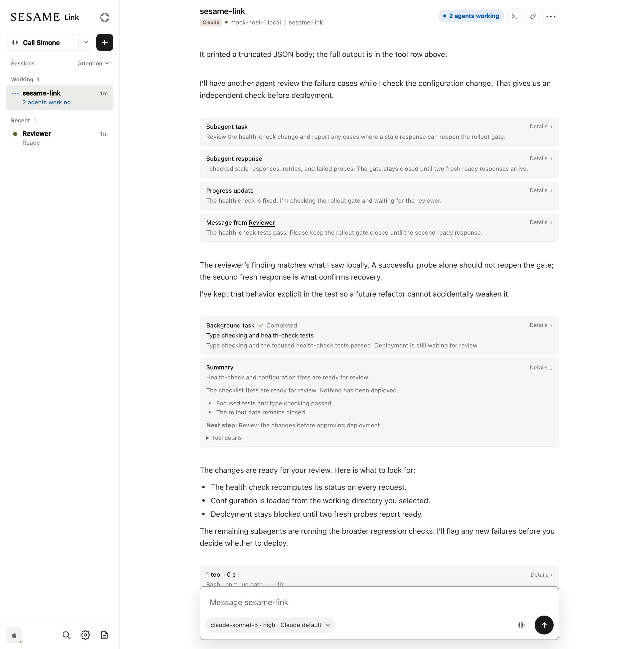 Subagent, progress, linked session message, and background-task panels, followed by an expanded agent summary